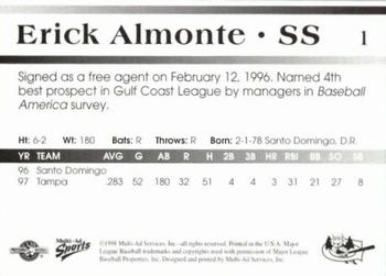 1998 Multi-Ad Greensboro Bats #1 Erick Almonte Back