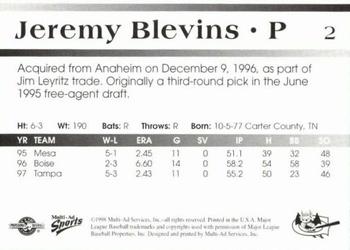 1998 Multi-Ad Greensboro Bats #2 Jeremy Blevins Back