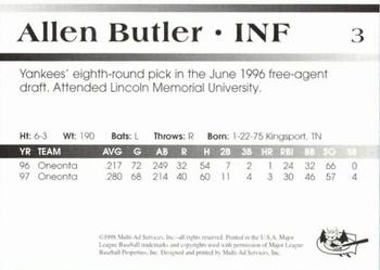 1998 Multi-Ad Greensboro Bats #3 Allen Butler Back