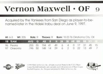 1998 Multi-Ad Greensboro Bats #9 Vernon Maxwell Back