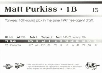 1998 Multi-Ad Greensboro Bats #15 Matt Purkiss Back