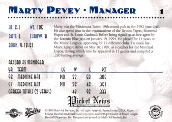 1998 Multi-Ad Hagerstown Suns #1 Marty Pevey Back