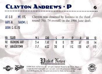 1998 Multi-Ad Hagerstown Suns #6 Clayton Andrews Back