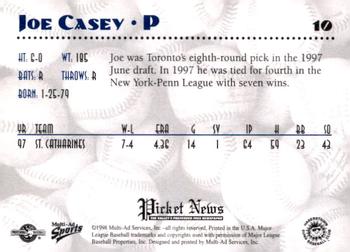 1998 Multi-Ad Hagerstown Suns #10 Joe Casey Back