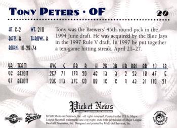 1998 Multi-Ad Hagerstown Suns #20 Tony Peters Back