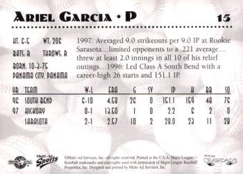 1998 Multi-Ad Hickory Crawdads #15 Ariel Garcia Back