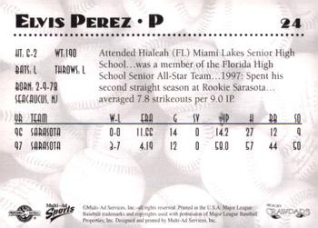 1998 Multi-Ad Hickory Crawdads #24 Elvis Perez Back