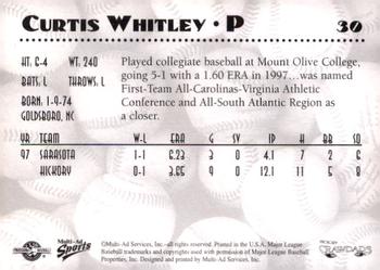 1998 Multi-Ad Hickory Crawdads #30 Curtis Whitley Back