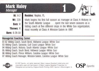 1998 OSP Sports Hickory Crawdads #1 Mark Haley Back