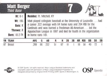 1998 OSP Sports Hickory Crawdads #7 Matt Berger Back