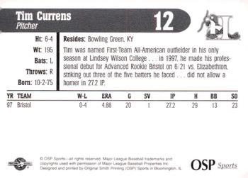 1998 OSP Sports Hickory Crawdads #12 Tim Currens Back