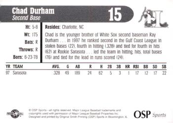 1998 OSP Sports Hickory Crawdads #15 Chad Durham Back