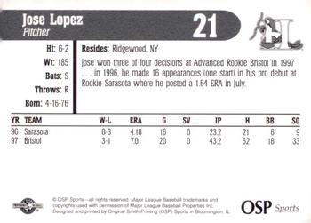 1998 OSP Sports Hickory Crawdads #21 Jose Lopez Back