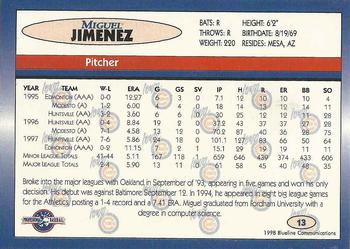 1998 Blueline Q-Cards Iowa Cubs #13 Miguel Jimenez Back