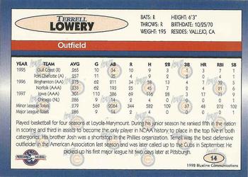 1998 Blueline Q-Cards Iowa Cubs #14 Terrell Lowery Back