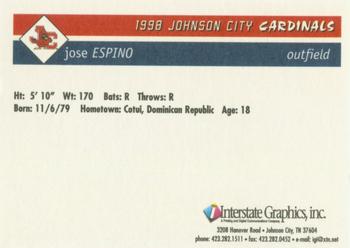 1998 Johnson City Cardinals #NNO Jose Espino Back