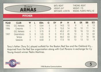 1998 Blueline Q-Cards Jupiter Hammerheads #5 Tony Armas Back