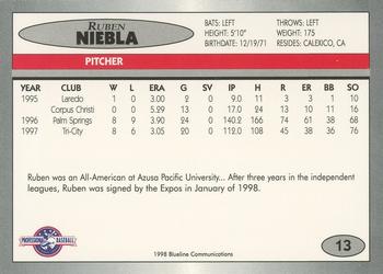 1998 Blueline Q-Cards Jupiter Hammerheads #13 Ruben Niebla Back