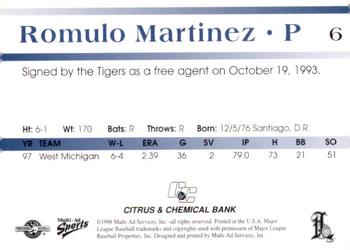 1998 Multi-Ad Lakeland Tigers #6 Romulo Martinez Back