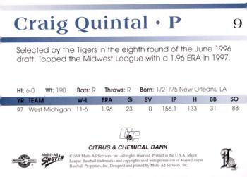 1998 Multi-Ad Lakeland Tigers #9 Craig Quintal Back