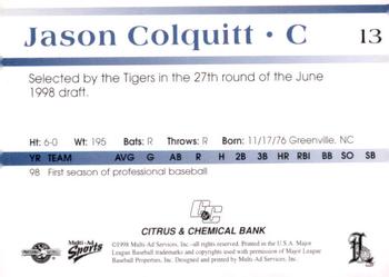 1998 Multi-Ad Lakeland Tigers #13 Jason Colquitt Back