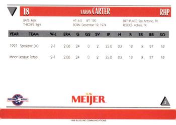 1998 Blueline Q-Cards Lansing Lugnuts #3 Aaron Carter Back