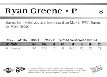 1998 Multi-Ad Macon Braves #8 Ryan Greene Back