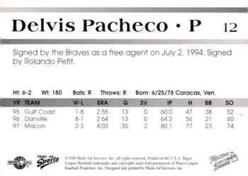 1998 Multi-Ad Macon Braves #12 Delvis Pacheco Back