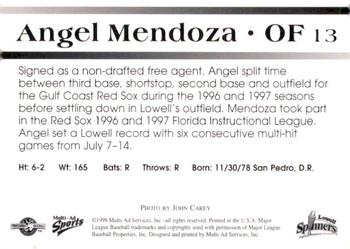 1998 Multi-Ad Lowell Spinners #13 Angel Mendoza Back