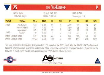 1998 Blueline Q-Cards Louisville Redbirds #22 Tim Vanegmond Back
