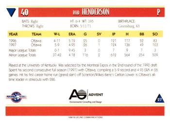 1998 Blueline Q-Cards Louisville Redbirds #27 Rod Henderson Back