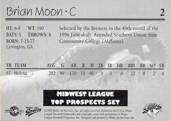 1998 Multi-Ad Midwest League Top Prospects #2 Brian Moon Back