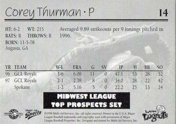 1998 Multi-Ad Midwest League Top Prospects #14 Corey Thurman Back