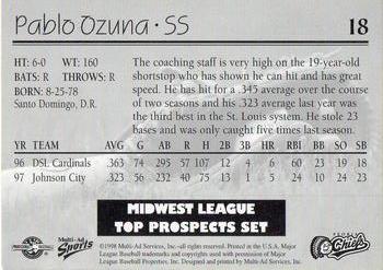 1998 Multi-Ad Midwest League Top Prospects #18 Pablo Ozuna Back