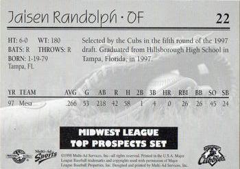 1998 Multi-Ad Midwest League Top Prospects #22 Jaisen Randolph Back