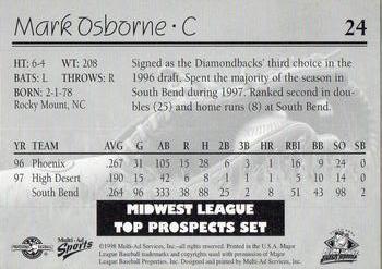 1998 Multi-Ad Midwest League Top Prospects #24 Mark Osborne Back