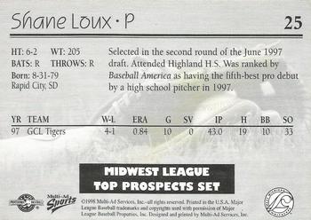 1998 Multi-Ad Midwest League Top Prospects #25 Shane Loux Back