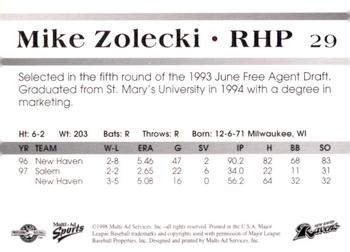 1998 Multi-Ad New Haven Ravens #NNO Mike Zolecki Back