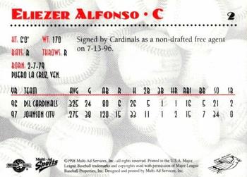 1998 Multi-Ad New Jersey Cardinals #2 Eliezer Alfonzo Back