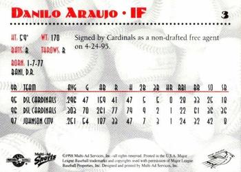 1998 Multi-Ad New Jersey Cardinals #3 Danilo Araujo Back