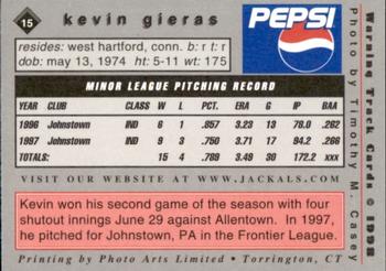 1998 Warning Track New Jersey Jackals #15 Kevin Gieras Back
