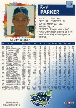 1998 Blueline Q-Cards Norfolk Tides #18 Rick Parker Back