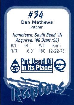 1998 Ogden Raptors #NNO Dan Mathews Back