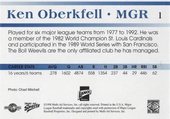 1998 Multi-Ad Piedmont Boll Weevils #1 Ken Oberkfell Back