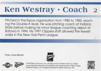 1998 Multi-Ad Piedmont Boll Weevils #2 Ken Westray Back