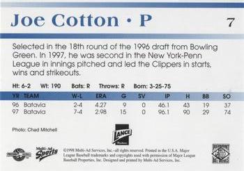 1998 Multi-Ad Piedmont Boll Weevils #7 Joe Cotton Back