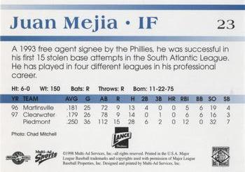 1998 Multi-Ad Piedmont Boll Weevils #23 Juan Mejia Back