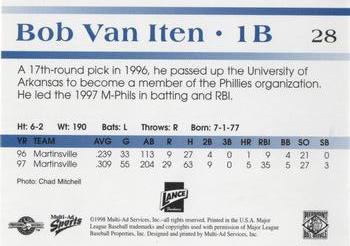 1998 Multi-Ad Piedmont Boll Weevils #28 Bob Van Iten Back