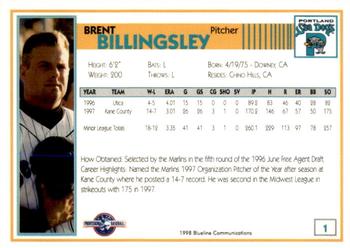 1998 Blueline Q-Cards Portland Sea Dogs #1 Brent Billingsley Back