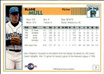 1998 Blueline Q-Cards Portland Sea Dogs #7 Blaine Mull Back